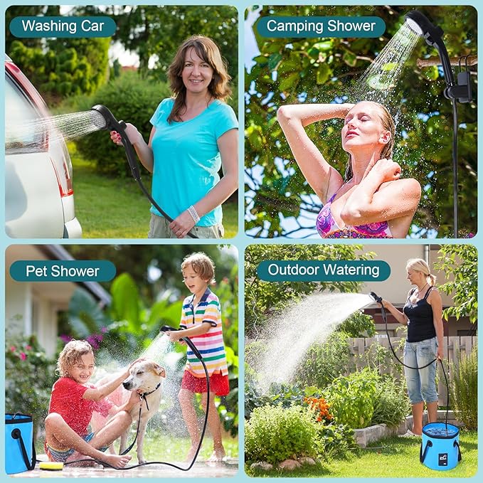 Portable Shower for Camping with 20L / 5.28 Gallons Foldable Bucket, 7800mAh Rechargeable Shower Pump, Outdoor Shower Kit with Digital Display for Hiking, Travel, Car, Pet