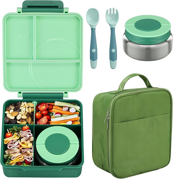 Bento Lunch Box Set for Kids with 8oz Soup Thermo, Leak-Proof Lunch Containers with 4 Compartment, Kids Thermo Hot Food Jar and Insulated Lunch Bag for Kid to School-Green