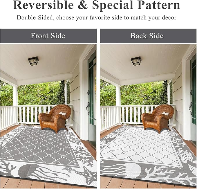 Vaukki Reversible Rugs, Plastic Straw Outdoor Doormat, Fade Resistant Plastic Outdoor Patio Mat, Lightweight Ocean Area Carpet for Patio, RV, Camping, Beach, Deck, Backyard and Picnic (Grey, 8'x10')