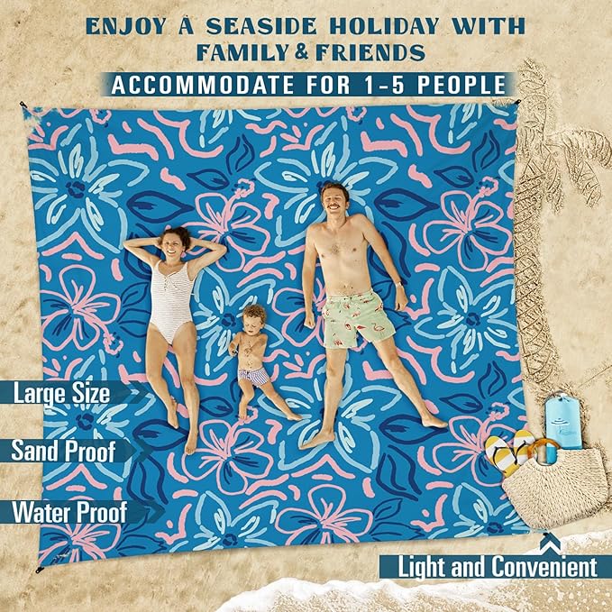 Beach Blanket Sandproof Waterproof 78''×81''1-5 Adults Oversized,Compact Lightweight Durable Beach Mat for Travel Camping Hiking Picnic Blanket