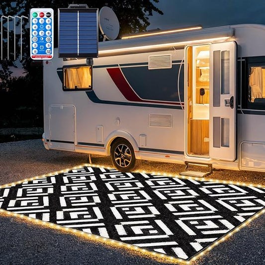 Outdoor Rug 6x9Ft, Solar Powered Outdoor Camping Rug with 93LEDs Strip Lights, Waterproof Plastic Reversible Outdoor Straw Rug, Rug Mat for RV Camping Patio Beach Balcony House Deck Picnic