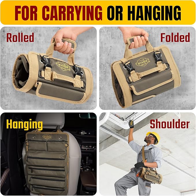 The Ryker Roll Up Tool Bag Organizer Gifts for him Heavy Duty Motorcycle Tool Roll Bag Organizer Portable Rollup Toolbag w/Accessible Pouches - Mens gifts for Dad, Mechanic & Electrician (AP-TR)