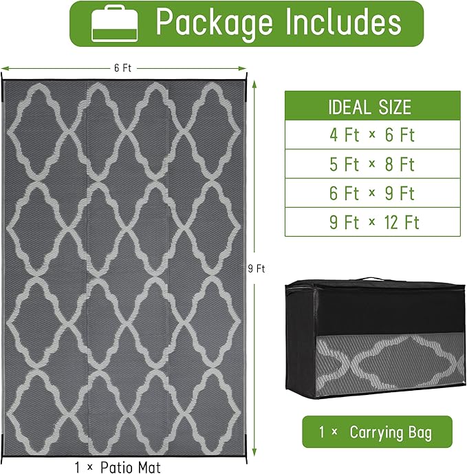 Easy-Going Reversible Outdoor Rugs 6x9ft Waterproof Plastic Straw Rug Stain & UV Resistant Floor Mat for Patio Porch RV Backyard Pool Deck Picnic Beach Trailer Camping (Moroccan Grey & Light Grey)