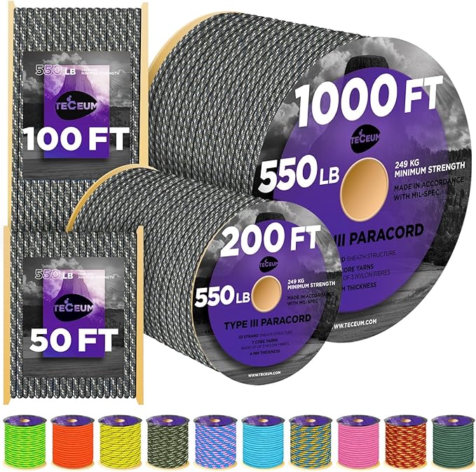 TECEUM Heavy Duty Rope 1000 – 1000ft / 200ft / 100ft / 50ft – 40+ Colors – Utility Rope for Survival & Camping Gear – Nylon String, Camping Rope, para Cord, Utility Nylon Rope, Tent Cord