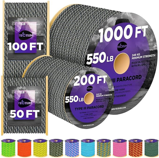 TECEUM Heavy Duty Rope 1000 – 1000ft / 200ft / 100ft / 50ft – 40+ Colors – Utility Rope for Survival & Camping Gear – Nylon String, Camping Rope, para Cord, Utility Nylon Rope, Tent Cord