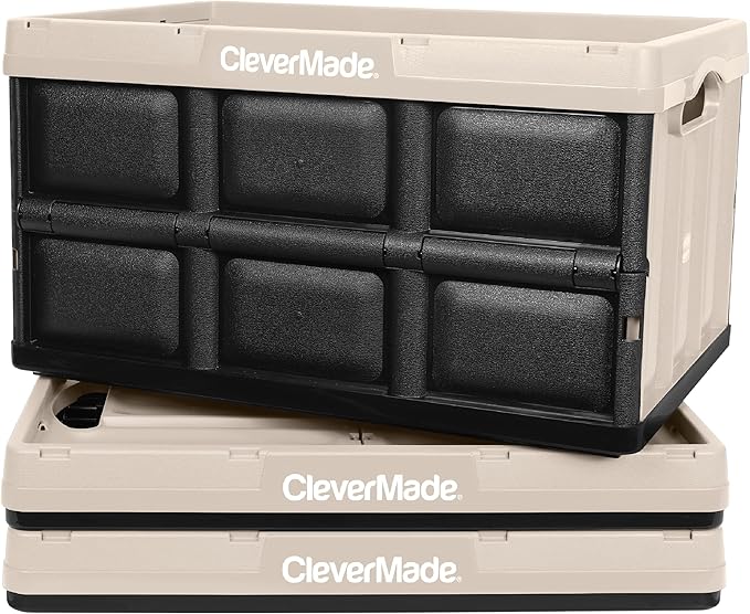 CleverMade Collapsible Storage Bins - Tan 3 Pack 46L - Stackable Containers Heavy Duty Capacity Folding Crates - Space-Saving for Home