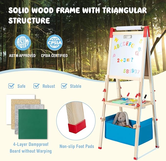 HONEY JOY Easel for Kids, Wooden Height Adjustable Double-Sided Toddler Easel w/Magnetic Chalkboard & White Board, Paper Roll, 60+ Painting Accessories, Magnetic Letters, Art Easel for Boys Girls