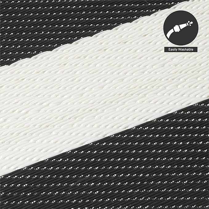 FH Home Outdoor Camping Rug - Waterproof, Fade Resistant, Reversible - Premium Recycled Plastic - Striped - Large Patio, Deck, Sunroom, RV - Brittany Stripe - Black & White - 9 x 12 ft Foldable