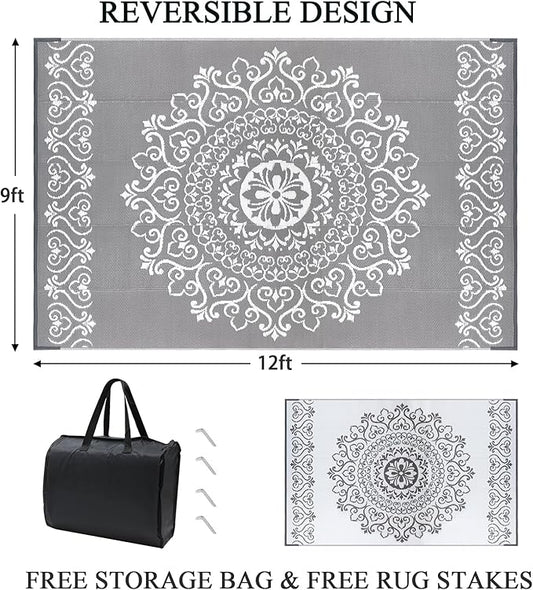 Pauwer Waterproof Outdoor Rug 9x12, Reversible Plastic Straw Patio Camping Rug, Indoor Outdoor RV Mat Carpet for Deck, Camper, Porch, Balcony, Backyard, Picnic, Floral Grey