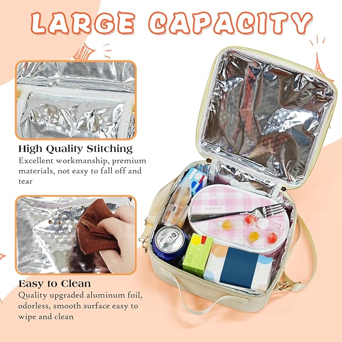 Insulated Lunch Bag Women Lunch Box Kids for Teen Girls Boys, Cute Preppy Lunch Boxes With Adjustable Shoulder Strap, Waterproof Nylon Lunchbox Lunch Bags for School Work Picnic (Beige)