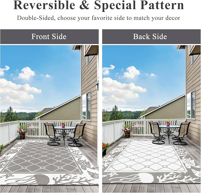 Vaukki Reversible Rugs, Plastic Straw Outdoor Doormat, Fade Resistant Plastic Outdoor Patio Mat, Lightweight Ocean Area Carpet for Patio, RV, Camping, Beach, Deck, Backyard and Picnic (Grey, 6'x9')