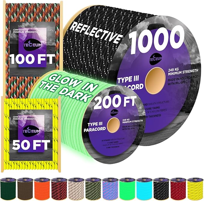 TECEUM Heavy Duty Rope 1000 – 1000ft / 200ft / 100ft / 50ft – 40+ Colors – Utility Rope for Survival & Camping Gear – Nylon String, Camping Rope, para Cord, Utility Nylon Rope, Tent Cord