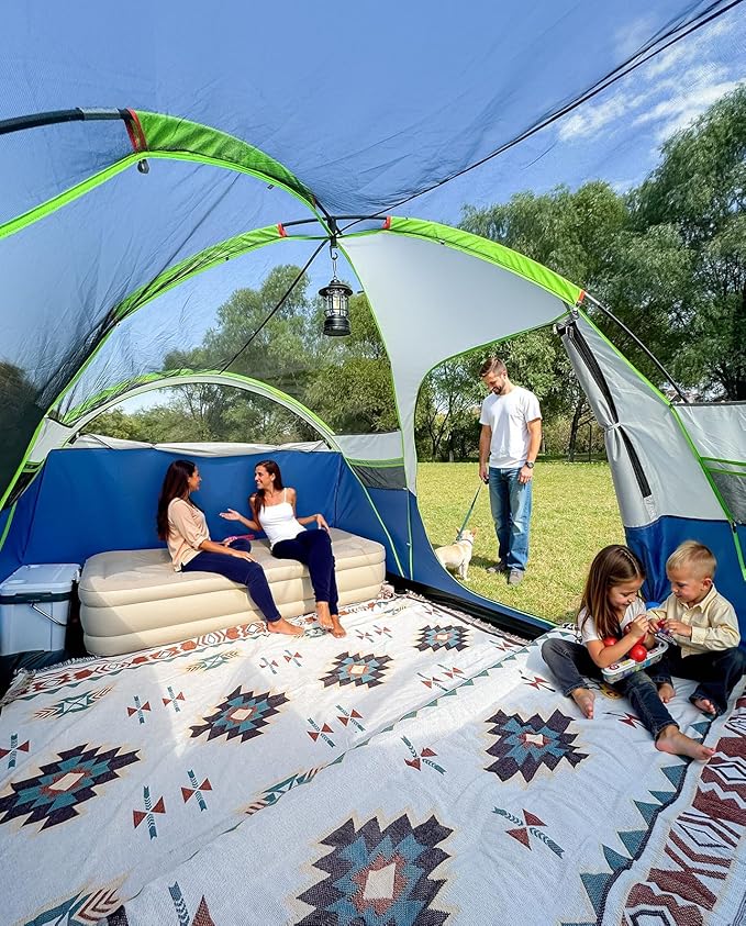 8 Person Larger Extended Dome Camping Tent with 3 Rooms, Waterproof Semi-Freestanding Family Outdoor Tent with Spacious Interior and Mesh Windows