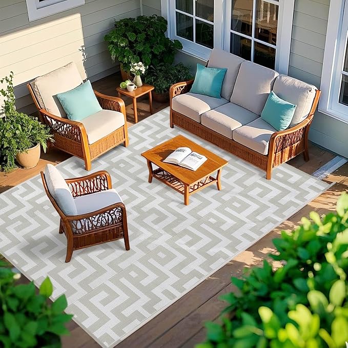 Outdoor Patio Plastic Straw Rug - 5'x8' Outdoor Camping Rug Waterproof Reversible, Area Carpet Patios Clearance RV, Outside Porch Balcony Deck for Camper, Grey & White