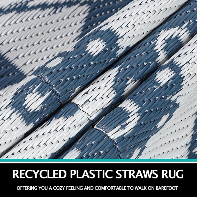 Capslpad 8Ft Round Outdoor Rug for Patios Clearance Reversible Mat Plastic Straw Patio Rugs Lightweight RV Camping Mat Circle Outside Area Rug Carpet for Balcony Deck Trailer Picnic,Blue