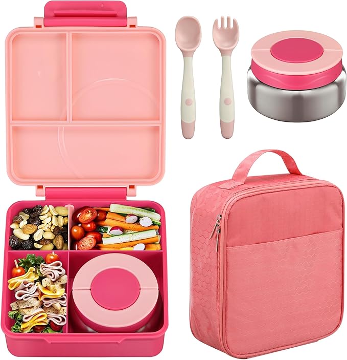 Bento Lunch Box Set for Kids with 8oz Soup Thermo, Leak-Proof Lunch Containers with 4 Compartment, Kids Thermo Hot Food Jar and Insulated Lunch Bag for Kid to School-Pink