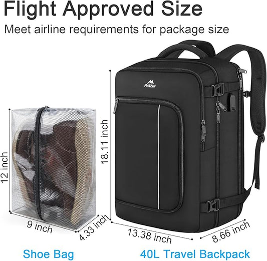 MATEIN Carry On Backpack for Airplanes, 40L Underseat Travel Backpack Personal Item Bag with USB Charging Port and Shoe Pouch, TSA 17 inch Bags for Men Flight Approved, Work Casual Daypack