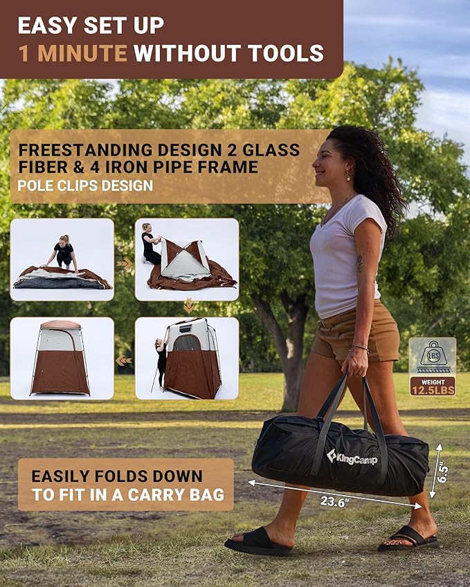 KingCamp Camping Shower Tent, Portable Outdoor Privacy Toilet & Changing Tent Windproof & Waterproof Easy Setup 1 or 2 Room Shelter with Shower Bag for Camping Hiking Beach