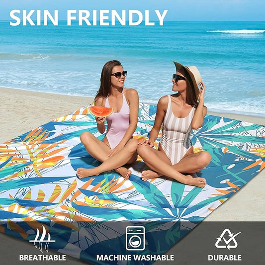Beach Blanket Waterproof Sandproof Beach Mat 79”x 83” for 1-4 Adults Quick Drying Durable Outdoor Picnic Mat for Beach Festival Travel Camping Hiking (W&GN&Y-Palm, 79"×83"(4 Person))