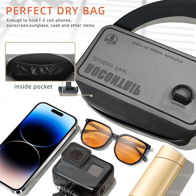 ROCONTRIP 100% Waterproof Dry Bag, Dry Waist Pack with Airtight Zipper Adjustable Strap Sling Bag Lightweight Crossbody Dry Bag for Kayaking Snorkelling and Swimming