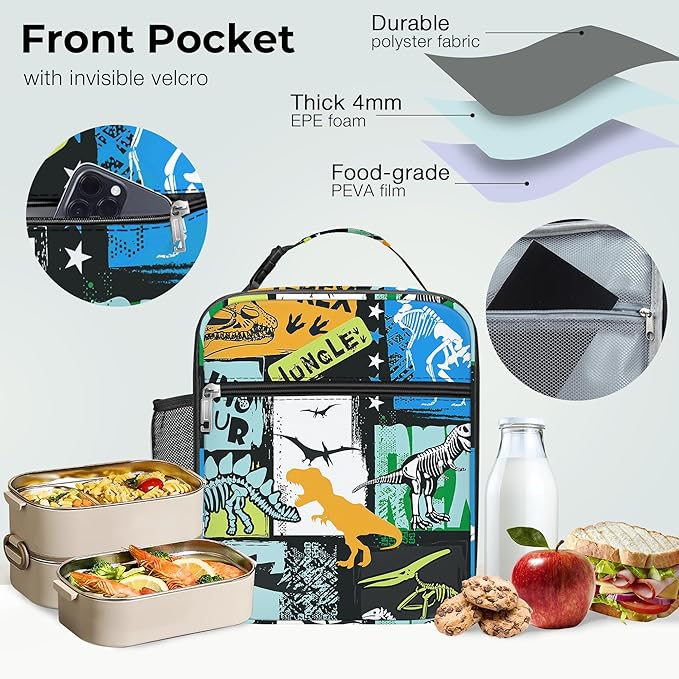 Clastyle Black Dinosaur Insulated Lunch Bag for Kids, Portable Large Thermal Cooler Lunch Bag for Boys, School Lunch Box Bag with Bottle Holder