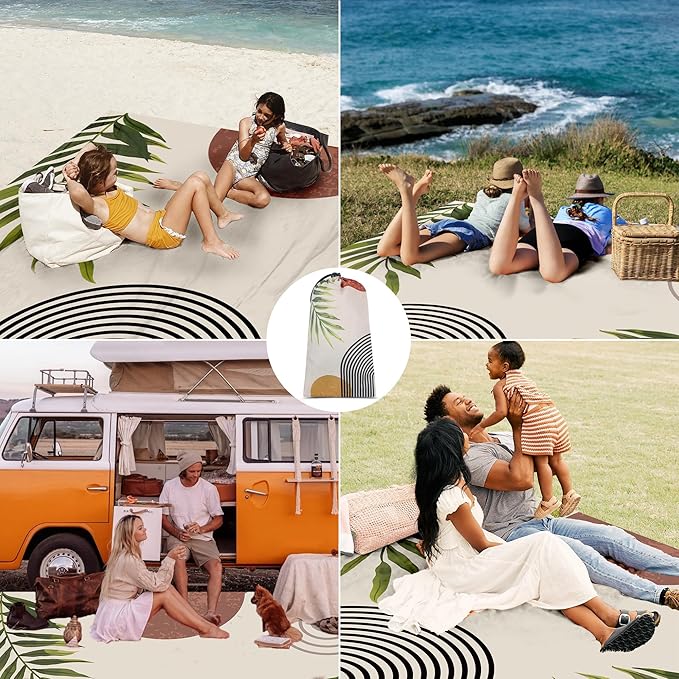 Bohemian Beach Blanket, 78''×86'' Large Waterproof Sandproof Beach Picnic Blanket 4 Adults, Polyester Lightweight Compact Sand Free Beach Mat w/ 4 Stakes for Travel, Camping, Hiking - Rainbow Leaves