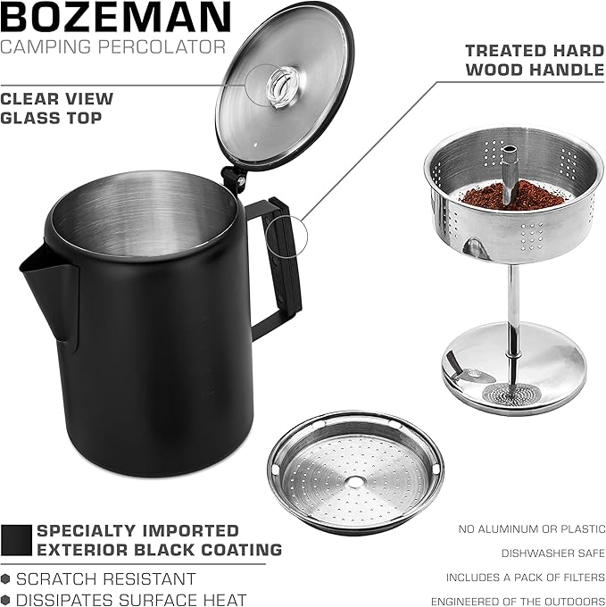 COLETTI Black Bozeman Percolator Coffee Pot — Camping Coffee Pot, Coffee Percolator – America’s Sleekest Percolator – Pure Stainless Steel, NO Aluminum or Plastic (12 Cup)