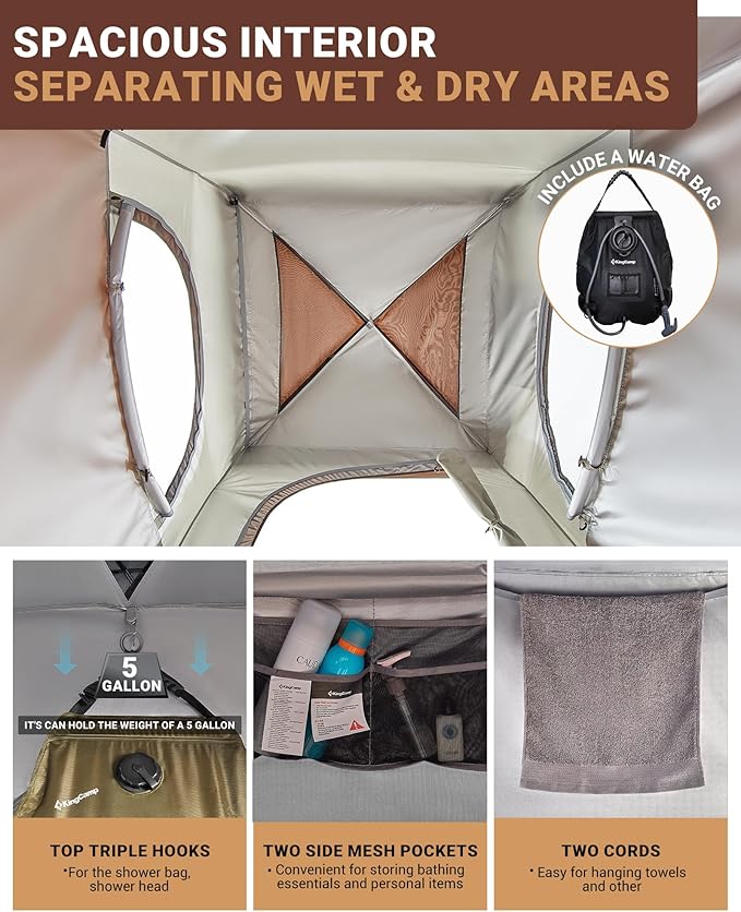 KingCamp Camping Shower Tent, Portable Outdoor Privacy Toilet & Changing Tent Windproof & Waterproof Easy Setup 1 or 2 Room Shelter with Shower Bag for Camping Hiking Beach