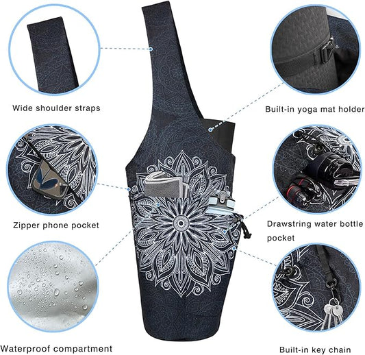 Yoga Mat Bag - Large Opening Long Tote Yoga Mat Carrier Holder Bag with Waterproof Wet Zipper Pocket and Drawstring Water Bottle Pocket - Yoga Bag Fit Most Size Mats