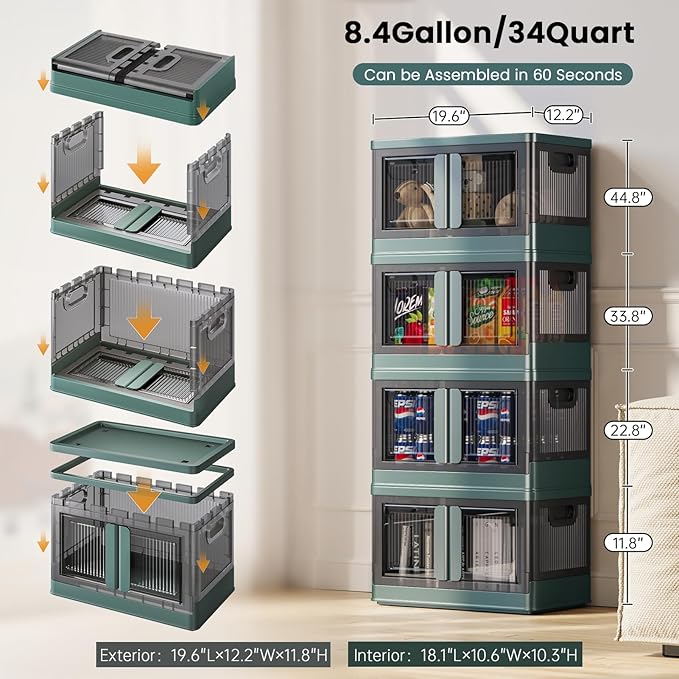 8.4Gal Collapsible Storage Bins with Lids & Wheels - 1 Pack Stackable with Doors, Heavy-Duty Plastic Containers for Home/Office, Green