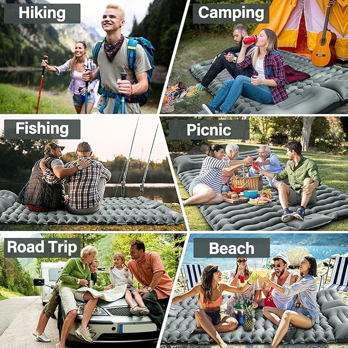 Double Camping Sleeping Pad, Inflatable Camping Pad Foot Press Ultralight 2 Person Camping Mat with Pillow for Camping Hiking Traveling Backpacking Tent - Gray