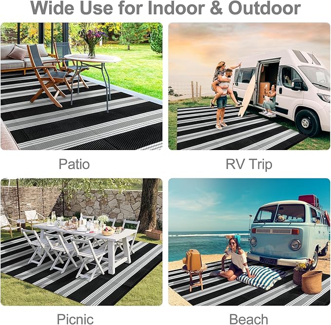 Lahome Striped Outdoor Rug Waterproof, 6x9 Reversible Outdoor Plastic Straw Rug for Camping, RV Patio Rugs Large Carpet for Porch Deck Backyard Balcony Picnic(Black/Grey,6'x 9')