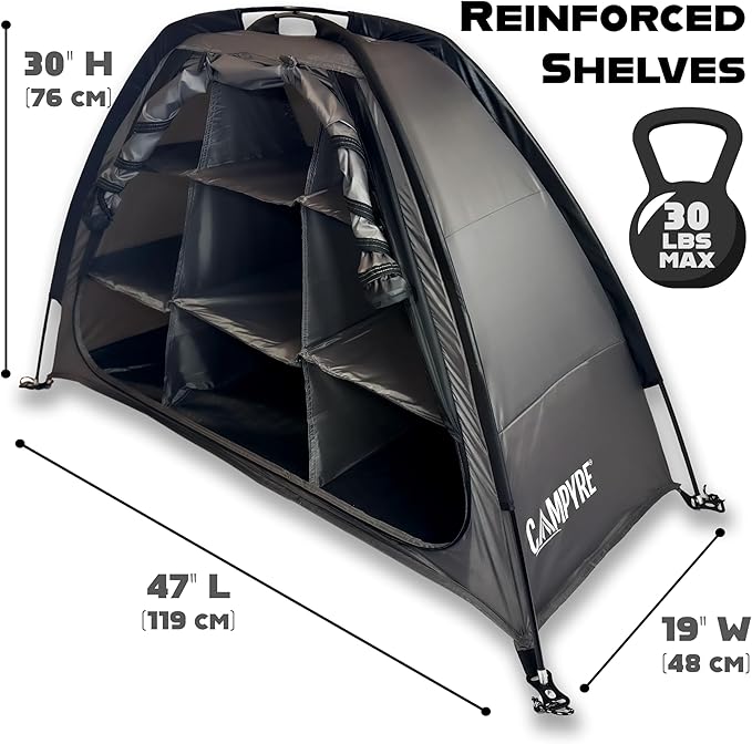 Tent & RV Camping Organizer with Zippered Flap, 9-Shelf Storage. RV Shoe Organizer, Dining Tent Organizer. Organize Any Other Camp Gear/Accessories (Patented - Licensed)