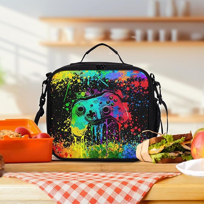 Graffiti Game Pattern Lunch Bag Watercolor Doodle Game Lunch Boxes for Women/Man Office Work Travel School Work Picnic Durable Reusable Insulated Large Lunch Tote Bag with Adjustable Shoulder Strap