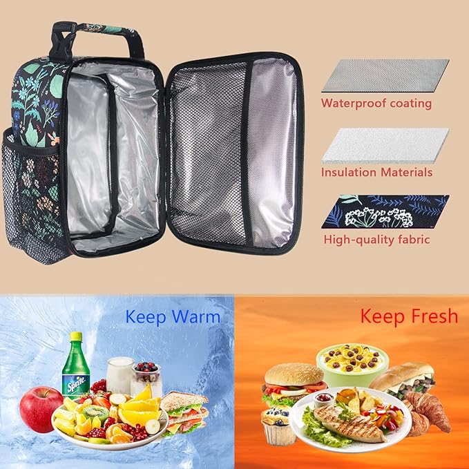 Hap Tim Insulated Lunch Bag Women, Reusable Lunch Box for Women & Men, Adluts Lunchbox for Office Work, Portable Lunchbag, Black Floral（18654-BF）