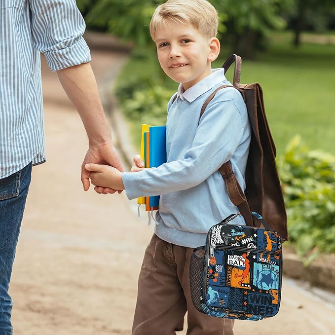 Clastyle Black Street Basketball Insulated Lunch Bag for Kids, Portable Large Thermal Cooler Lunch Bag for Boys, School Lunch Box Bag with Bottle Holder