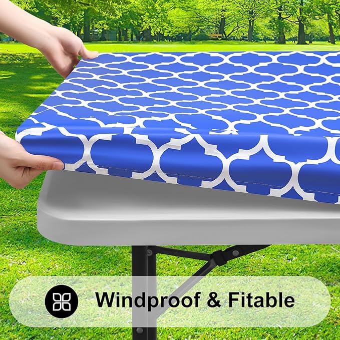 Smiry Rectangle Picnic Table Cover, Waterproof Elastic Fitted Camping Tablecloths for 6 Foot Tables, Wipeable Flannel Backed Vinyl Tablecloth Protector for Indoor, Outdoor (Blue, 36x72 Inches)