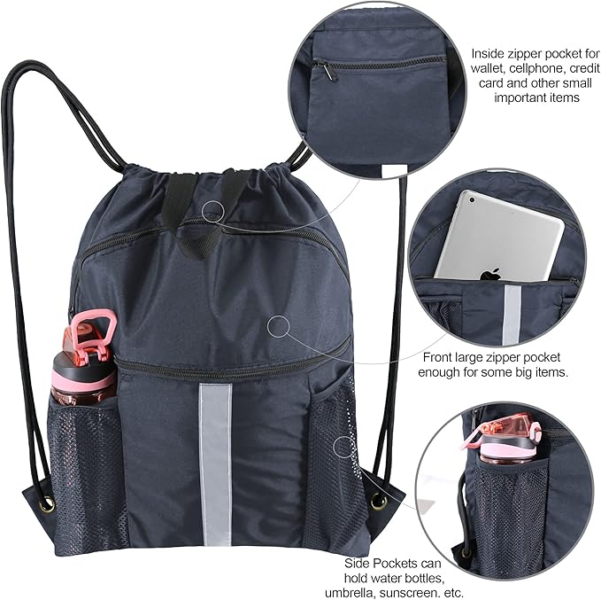 BeeGreen Drawstring Backpack Bag with Shoe Compartment, X-Large Black Gym Sports String Cinch Backpack