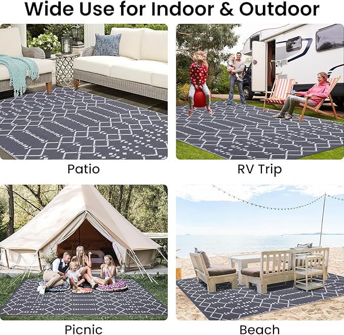 Smiry Outdoor Rug 8x10 ft, Waterproof Reversible Plastic Straw Rugs, Boho Outdoor Area Rug, Outside Floor Mat for Patio, Backyard, Deck, Picnic, Beach, Camping, Grey