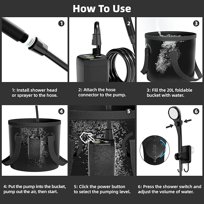 Moriko Portable Camping Shower, 6000mAh Rechargeable Shower Pump, Filtered Shower Head & 5 Gallons Foldable Bucket, Outdoor Shower for Hiking Beach, Travel, Pet Bath, Car Washing, Surf & Boat Cleaning
