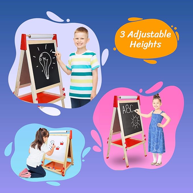 Deluxe Standing Art Easel, Dry-Erase Board Chalkboard Magnetic Whiteboard Paper Roll and Accessories, Ultimate All-in-One Wooden Kid's Art Easel