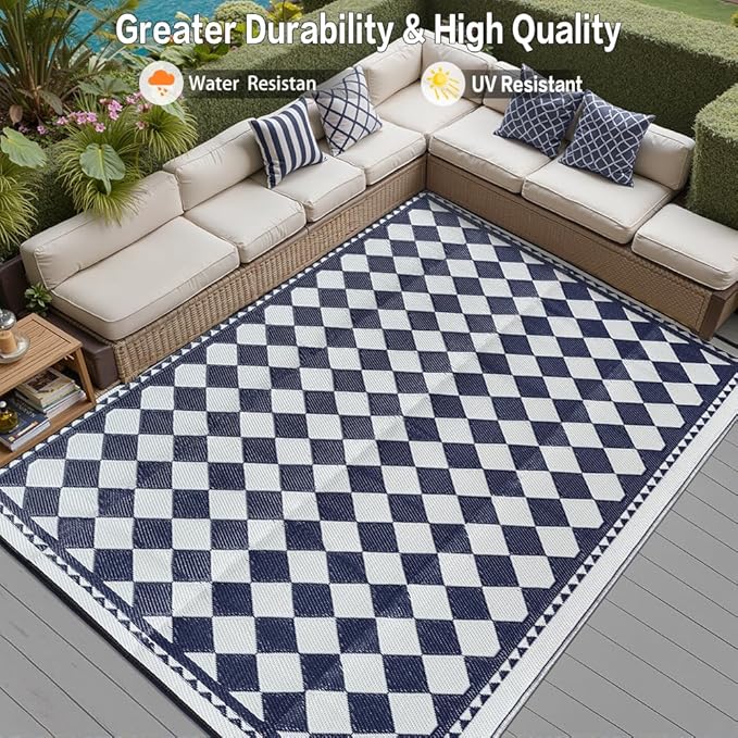 Outdoor Waterproof Rug 8'x10' Plastic Straw Rugs Washable Reversible Floor Mat Blue Plaid Carpet for Camping RV Deck Entryance Porch Picnic Balcony Beach Backyard