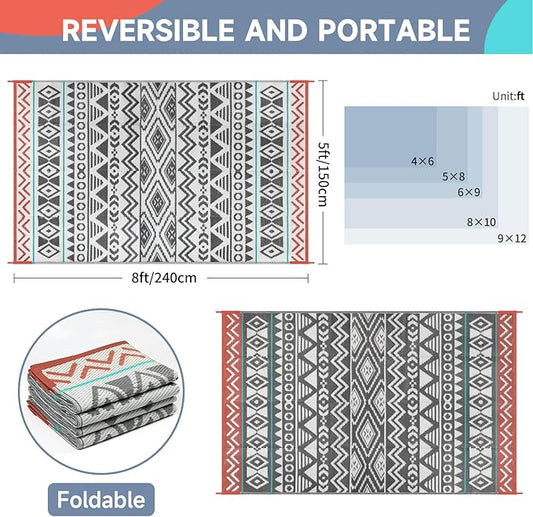 Outdoor Rugs Patio Camping Waterproof - 5x8 Plastic Straw Patio Rug Portable for Campers, Outside RVs Mat, Outdoor Area Carpet for Patios Clearance, Backyard Porch, Balcony, Picnic