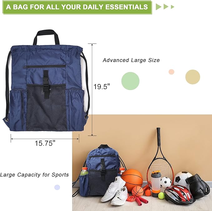 BeeGreen Drawstring Backpack Sports Gym Bag With Shoe Compartment and Two Water Bottle Holder …