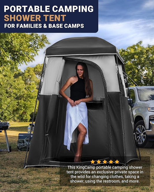 KingCamp Camping Shower Tent, Portable Outdoor Privacy Toilet & Changing Tent Windproof & Waterproof Easy Setup 1 or 2 Room Shelter with Shower Bag for Camping Hiking Beach