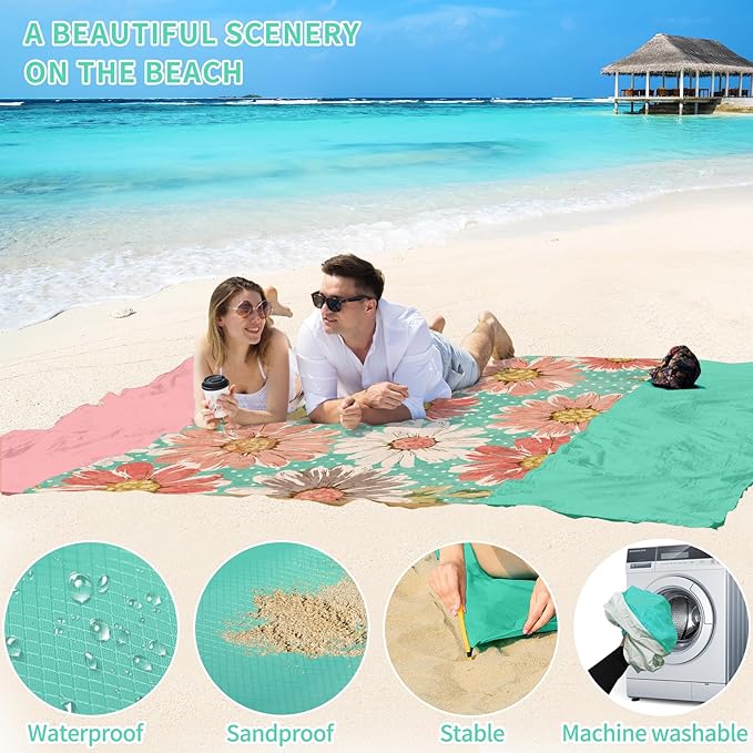 BYDOLL Beach Blanket Waterproof Sandproof 78''×81'' Suits1-4 Adults Compact Lightweight Oversized Sand-Free Blanket Large Picnic Mat for Beach Travel Camping Hiking