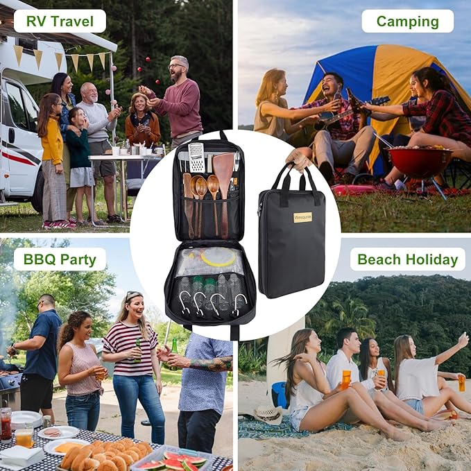 Camping Cooking Cookware Set - Upgraded 22PCS Camp Kitchen Organizer with Wooden Utensils, Portable Gear for Outdoor Dining Essentials