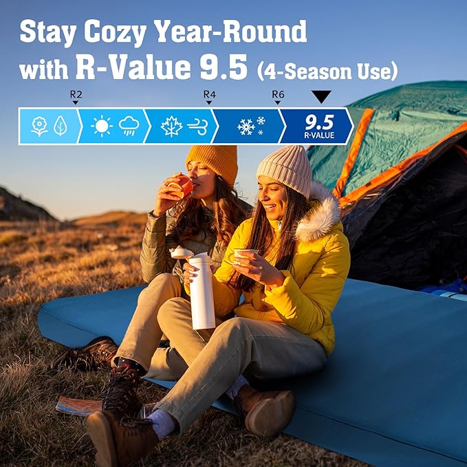 Hikenture Extra Thick Double Self Inflating Sleeping Pad, 9.5 R Camping Mattress 2 Person, Inflatable Foam Camping Pad with Pump Sack, Portable 4 in Thickness Comfort Plus Camping Mat for 4-Season