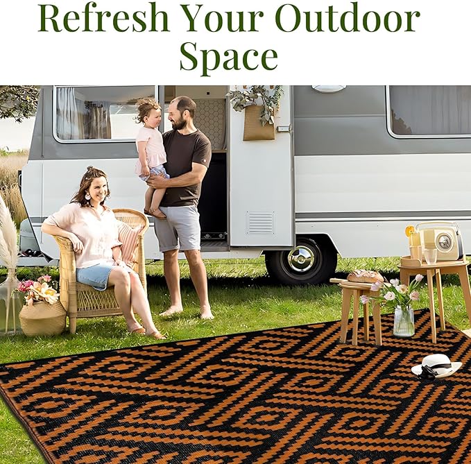 OPPODREAM Outdoor Rug 8x10 Patio Waterproof, Large Outdoor Plastic Straw Rug, Reversible Out Door Carpet for Camping, Deck, Rv, 8 x 10 Area Carpet for Balcony, Porch, Backyard, Black and Orange