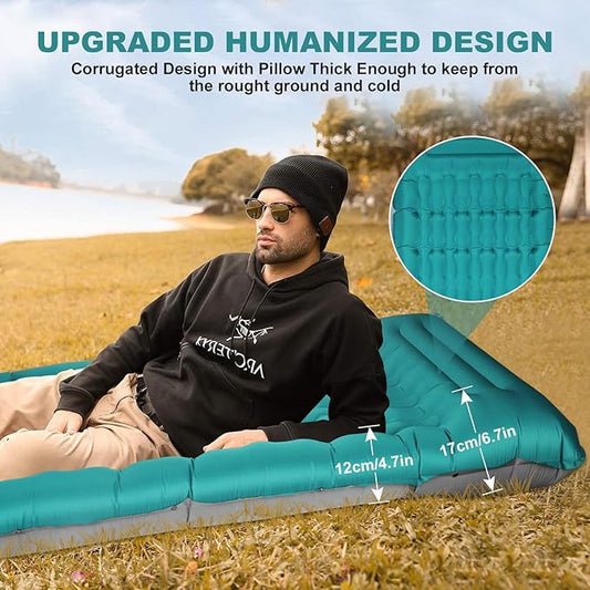 Camping Sleeping Pad with Pillow: Extra Thick 4.7 Inch Ultra-Light Self Inflating Air Mattress, Portable Comfortable Extendable Inflatable Sleep Mat for Car Traveling and Hiking (Peacock Blue)